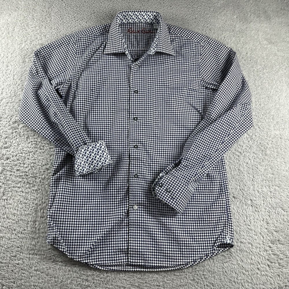 Robert Graham Shirt Youth XL Mens Small Blue White Herringbone Paisley Long
